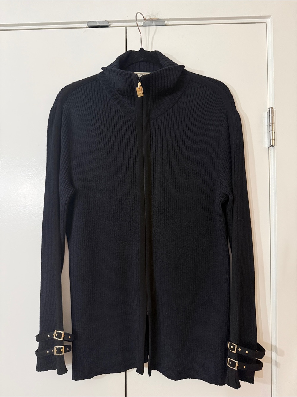 Black Ribbed Zip-Up Sweater Cardigan with Buckle Cuff Detail